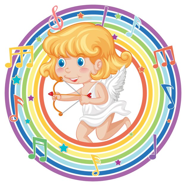 Cupidomeisje in regenboog rond frame met melodiesymbool