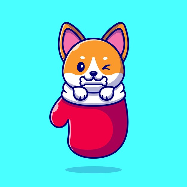 Cute Shiba Inu Dog Bite Bone In Glove Cartoon Illustration. Dierlijke aard concept geïsoleerd. Platte cartoon stijl