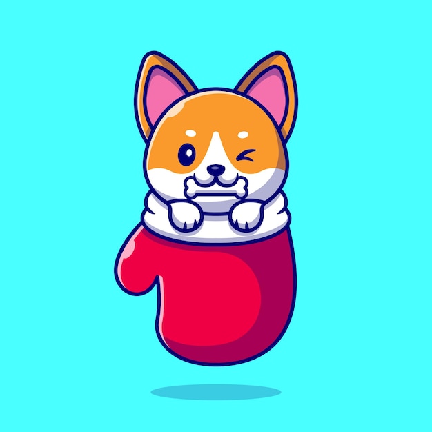 Cute Shiba Inu Dog Bite Bone In Glove Cartoon Illustration. Dierlijke aard concept geïsoleerd. Platte cartoon stijl