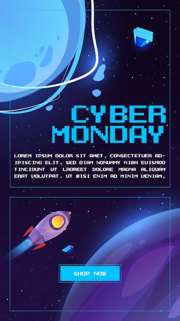 Cyber maandag banner. reclamefolder met speciale aanbieding, korting. vectorposter van verkoopdag met cartoonillustratie van raket die in de ruimte vliegt met planeten en sterren