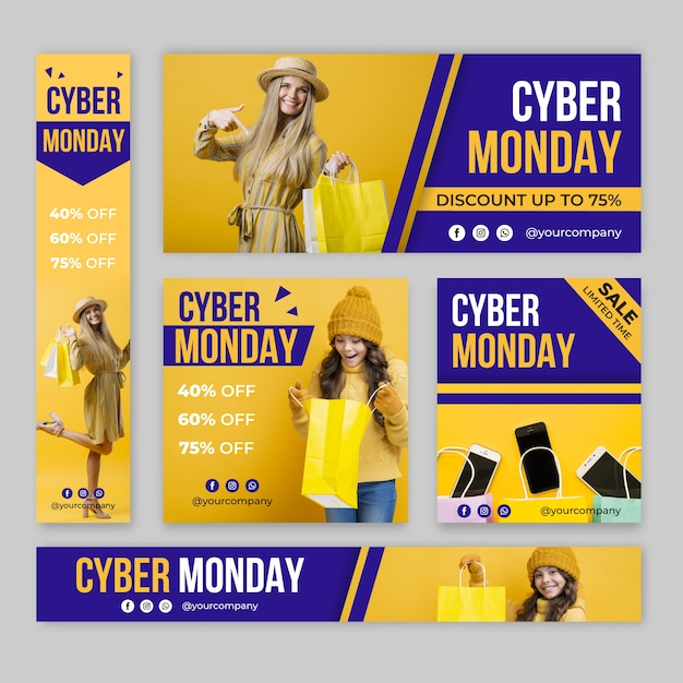 Cyber maandag banners met foto in plat ontwerp