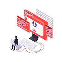 Gratis vector cyberbeveiligingsconcept met isometrisch karakter van hacker en spyware op computer