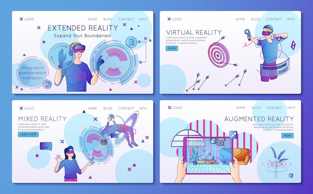 Cyberspace horizontale spandoeken met mensen die virtuele uitgebreide augmented mixed reality geïsoleerde vectorillustratie ervaren