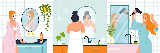 Dagelijks hygiëne routine plat concept set met vrouwen in badkamer geïsoleerde vector illustratie