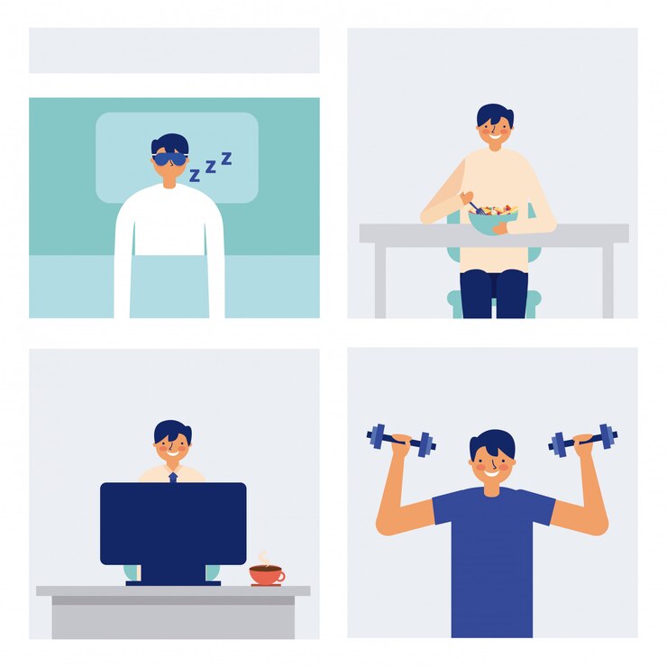 Gratis Vector dagelijkse activiteit man slapen eten en oefenen