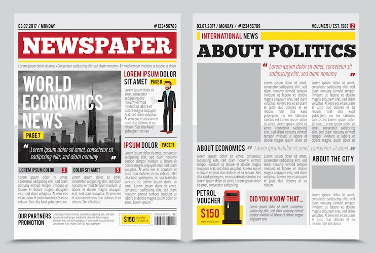 Gratis Vector dagelijkse krant dagboek ontwerpsjabloon met twee pagina&#39;s openen bewerkbare koppen citaten tekstartikelen en afbeeldingen vector illustratie