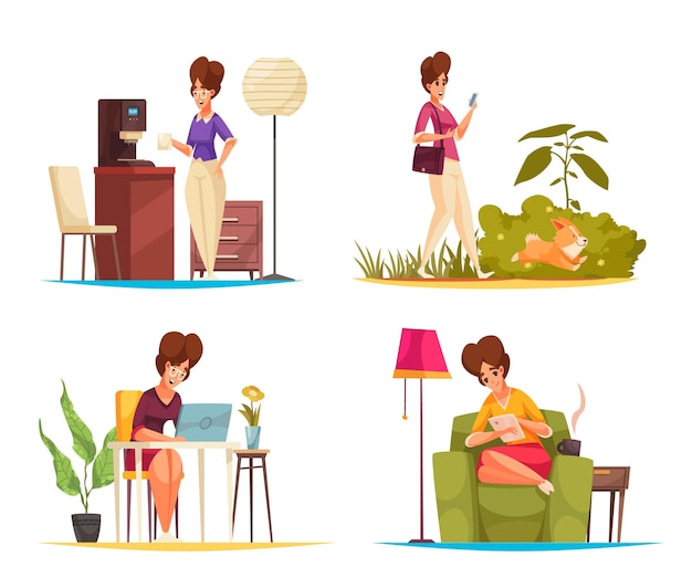 Dagelijkse routine 2 x 2 ontwerpconcept set vrouw tekens koffie drinken wandelen met hond leesboek werken op afstand platte composities cartoon vectorillustratie