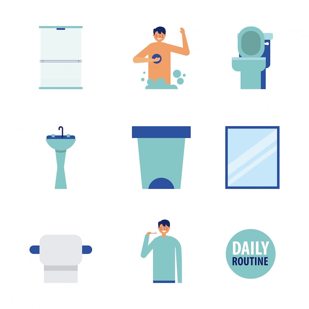 dagelijkse routine en badkamer pictogrammen, vlakke stijl