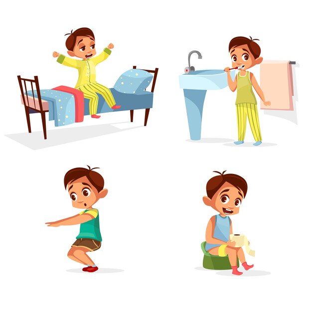 Dagelijkse routine van de jongen, ochtendactiviteit ingesteld. Mannelijk karakter wordt wakker, strekt zich uit, poetst tanden
