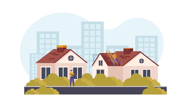 Gratis vector dak platte compositie met uitzicht op twee huizen in aanbouw met arbeiders en stadswolkenkrabbers vectorillustratie als achtergrond