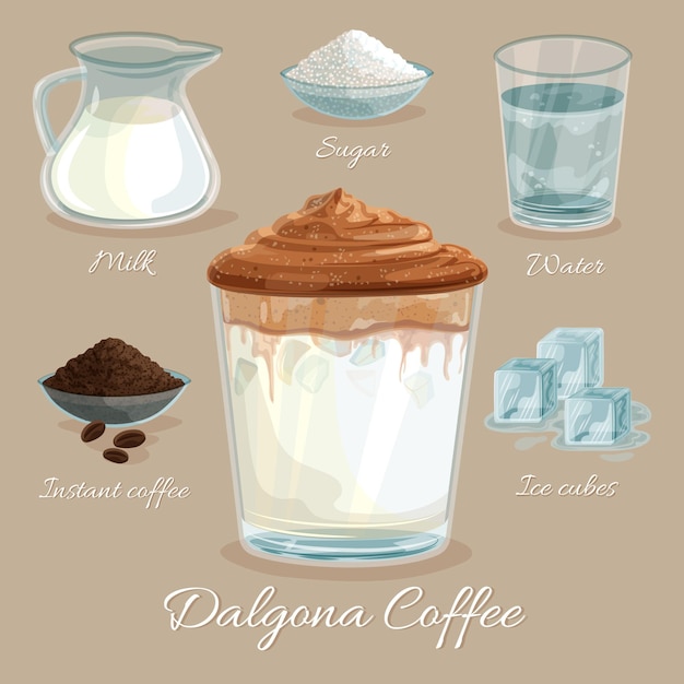 Gratis vector dalgona koffierecept met ijsblokjes