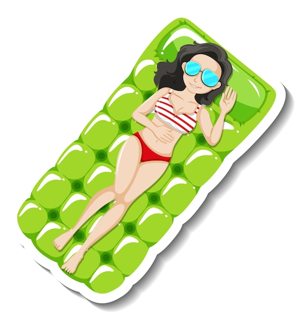 Gratis vector dame die op zwemmende rubberen float cartoon sticker legt