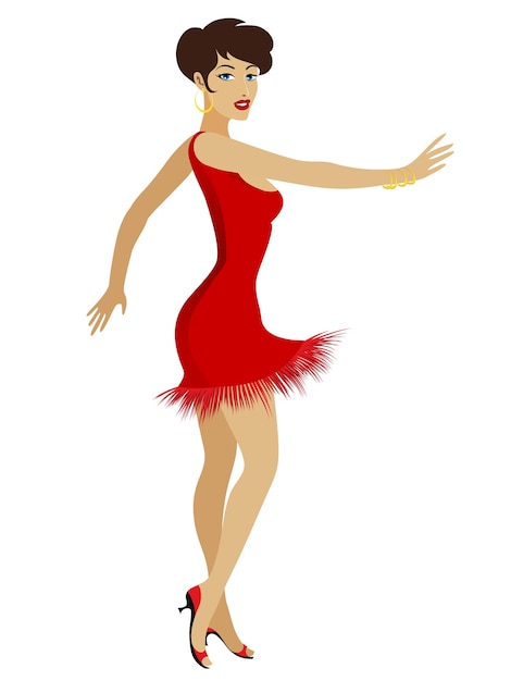 Dansende Ballroom Vrij Jonge Vrouw Cartoon in Rode Sexy Jurk Geïsoleerd