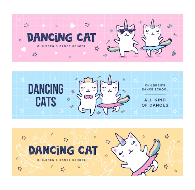 Dansende eenhoorn katten banners set