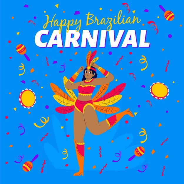 Dansende vrouw die gouden en rode veren draagt voor Carnaval-partij