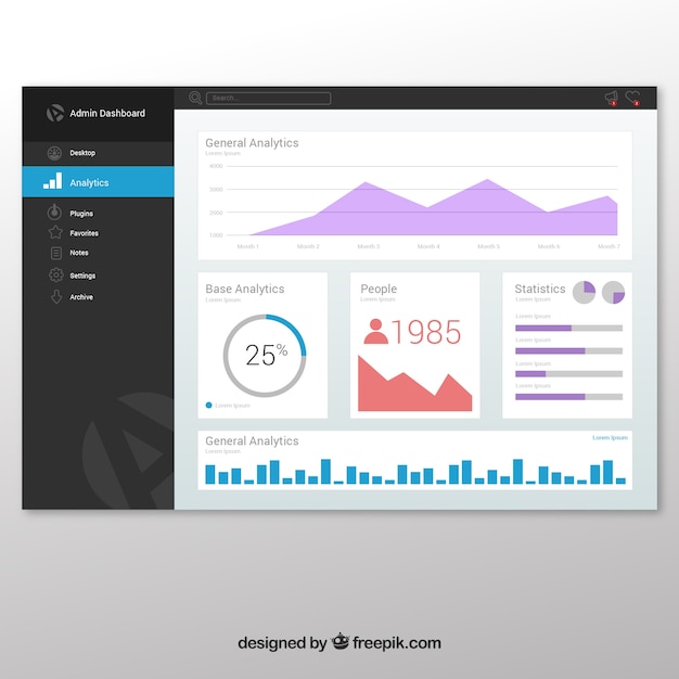 Gratis vector dashboard admin-paneelsjabloon met plat ontwerp