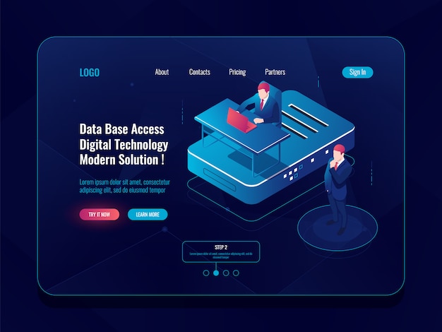 Database toegang concept, serverruimte isometrische pictogram, hosting ondersteuning, systeembeheerder, laptop