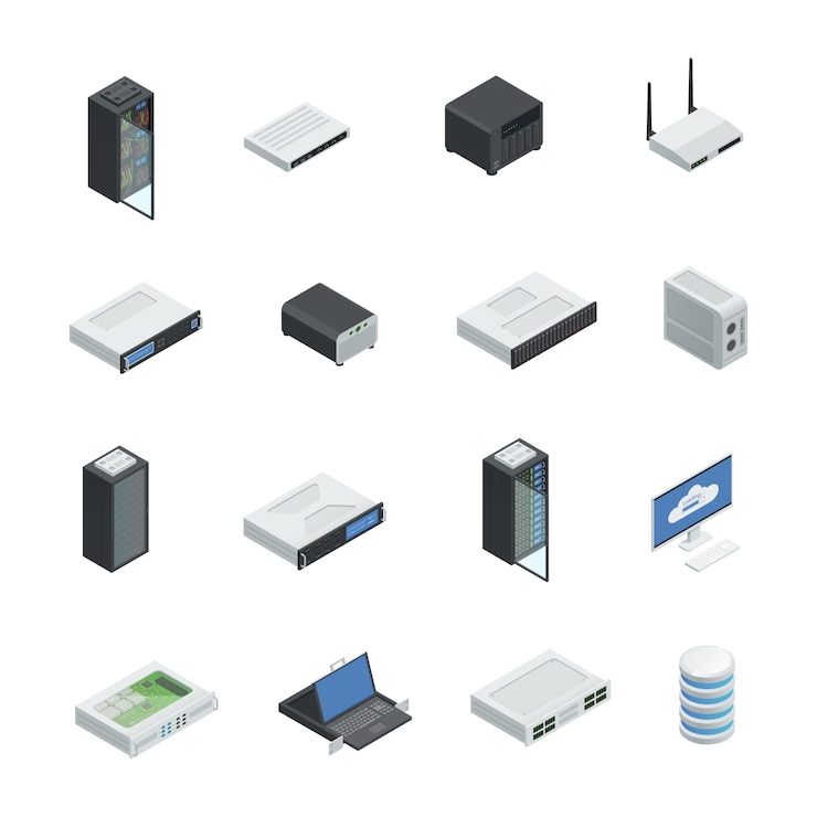 Gratis Vector datacenter server cloud computing isometrische pictogrammen instellen met geïsoleerde afbeeldingen