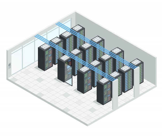 Gratis vector datacenter-serverwolk die isometrische binnenlandse samenstelling gegevens verwerkt