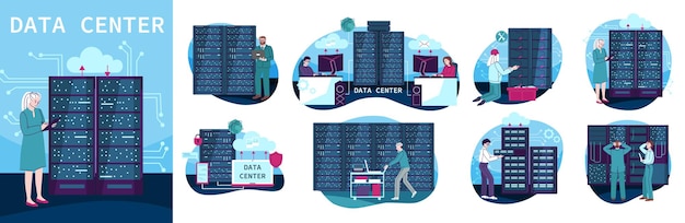 Datacentersamenstelling met de symbolen van de netwerkapparatuur vlakke geïsoleerde vectorillustratie