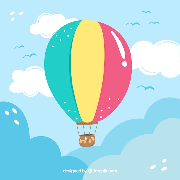 Gratis vector de achtergrond van de hete luchtballon met hemel in hand getrokken stijl