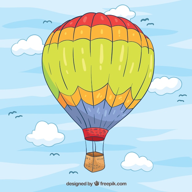 Gratis vector de achtergrond van de hete luchtballon met hemel in hand getrokken stijl