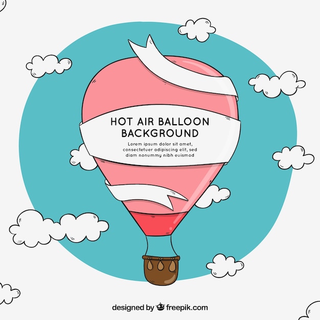 Gratis vector de achtergrond van hete luchtballons met hemel in hand getrokken stijl