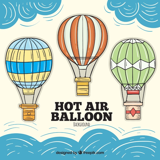 Gratis vector de achtergrond van hete luchtballons met hemel in hand getrokken stijl
