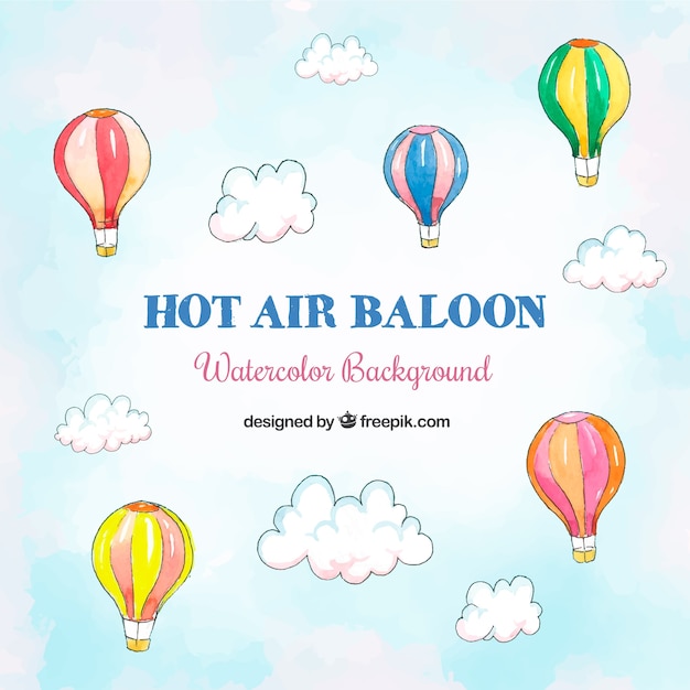 Gratis vector de achtergrond van hete luchtballons met hemel in hand getrokken stijl