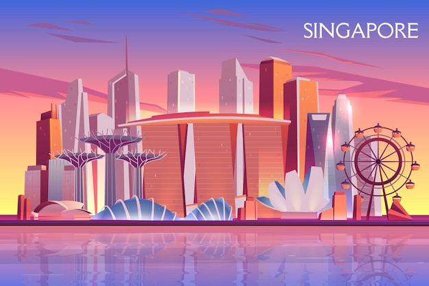 Gratis vector de avond van singapore, ochtendhorizon met futuristische wolkenkrabbergebouwen op verlichte stadsbaai