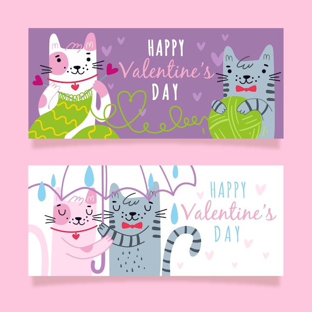 Gratis vector de banners van de de valentijnskaartendag van het kattenpaar