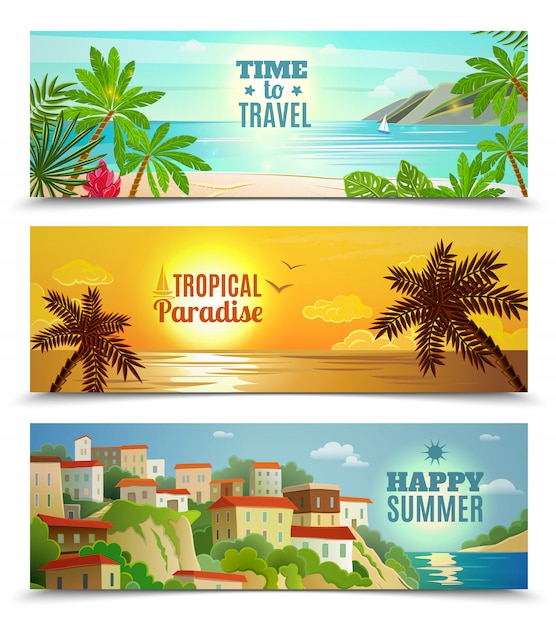De banners van de de zomervakantie die met tropische bezinning van het strandzonsondergang oceaanwater worden geplaatst