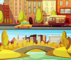 Gratis vector de banners van new york met stadsvervoer in het centrum en het centrale park in eiland manhattan