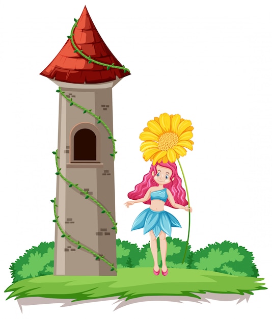 Gratis vector de bloem van de sprookjeholding en het beeldverhaalstijl van de kasteeltoren op de achtergrond van de regenbooghemel