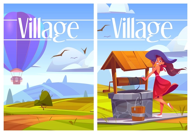 De cartoonposters van het dorpsleven, vrouw met emmer bij landelijke put, heteluchtballon die over groen heuvellandschap vliegt. jong gelukkig meisje dat vers drinkwater neemt. Zomer landelijke scène, vectorillustratie