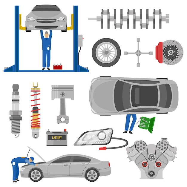 Gratis vector de decoratieve elementen van de autodienst die met werkende geïsoleerde hijstoestellen van de mechanica autovervangstukken worden geplaatst