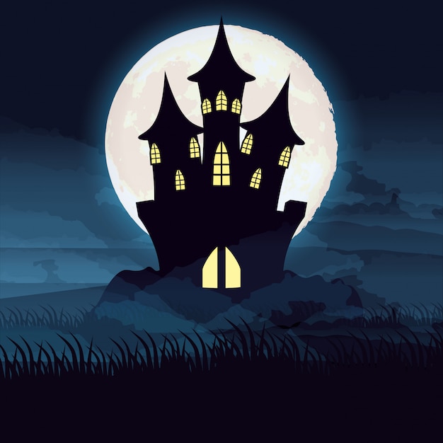 Gratis vector de donkere nacht van halloween met kasteelscène