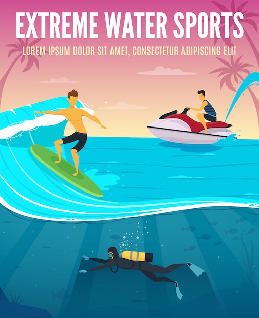 Gratis vector de extreme poster van de de samenstellings tropische vakantie van watersporten vlakke