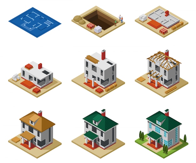 De fasen van de huisbouw van tekening tot gebeëindigde de bouw isometrische pictogrammen geplaatst geïsoleerde vectorillustratie