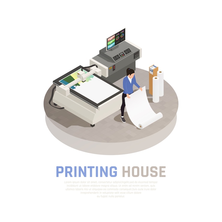 Gratis Vector de gekleurde en isometrische samenstelling van de drukhuispolygraphy met werkgever van de vectorillustratie van het polygraphybureau
