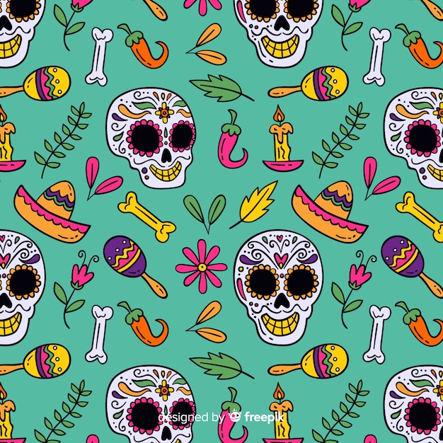 De gelukkige schedel en de Mexicaanse elementen overhandigen getrokken día DE muertos patroon