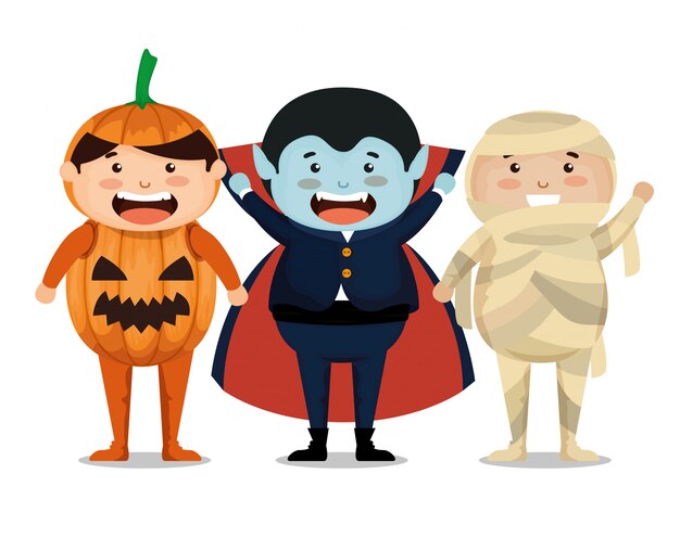 De groep kinderen kleedde zich omhoog in Halloween