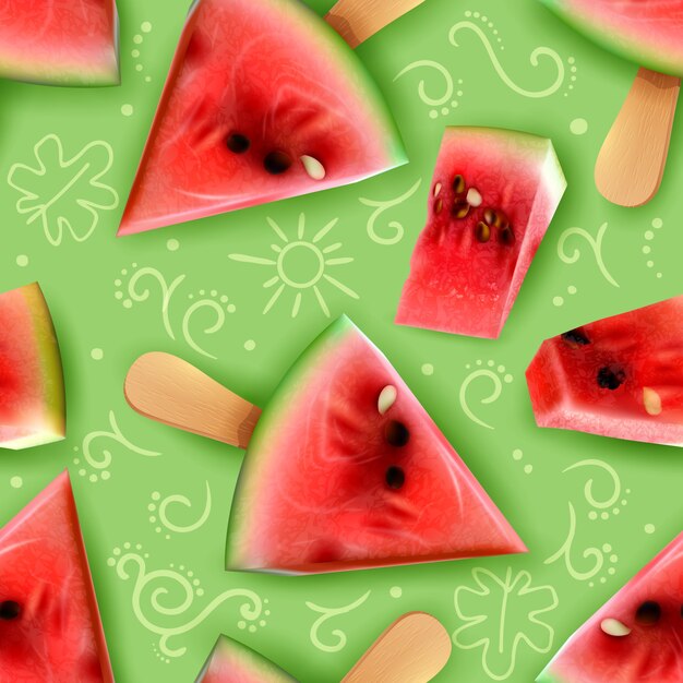 De groottestukken van de watermeloenbeet op de snacks die van de stokzomer ideeën realistische smakelijke naadloze patten vectorillustratie dienen