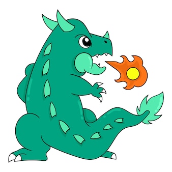 De grote groene draak spuit hete vuurbal, vectorillustratieart. doodle pictogram afbeelding kawaii.