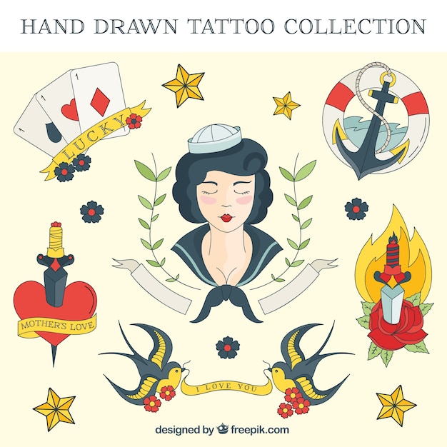 Gratis vector de hand getekend gekleurde zeiler tattoo set