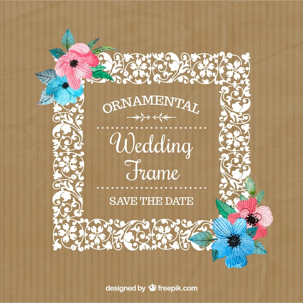 Gratis vector de hand getekende bloemen bruiloft frame met gekleurde bloemen