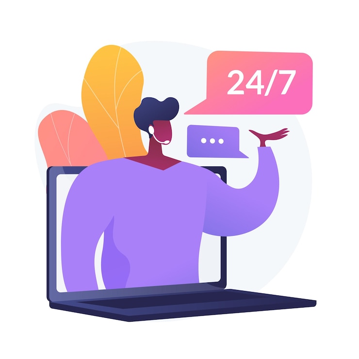 Gratis Vector de hele dag ondersteuning, 24-uurs assistentie, 24-uurs callcenter. abonnee hulp, hulpdienst. telefoongesprekken en berichten operator stripfiguur. vector geïsoleerde concept metafoor illustratie.