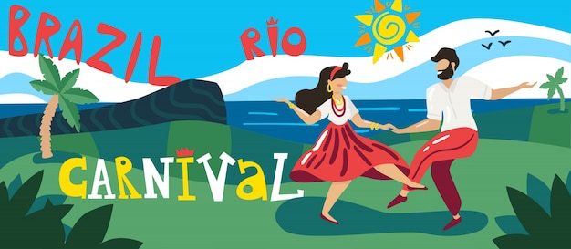 Gratis vector de horizontale banner van brazilië carnaval met dansers in nationale kostuums openlucht met het standbeeld van christus