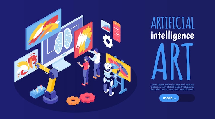 Gratis Vector de horizontale banner van de kunstmatige intelligentiekunst met creatieve robots die abstracte beelden isometrische vectorillustratie schilderen