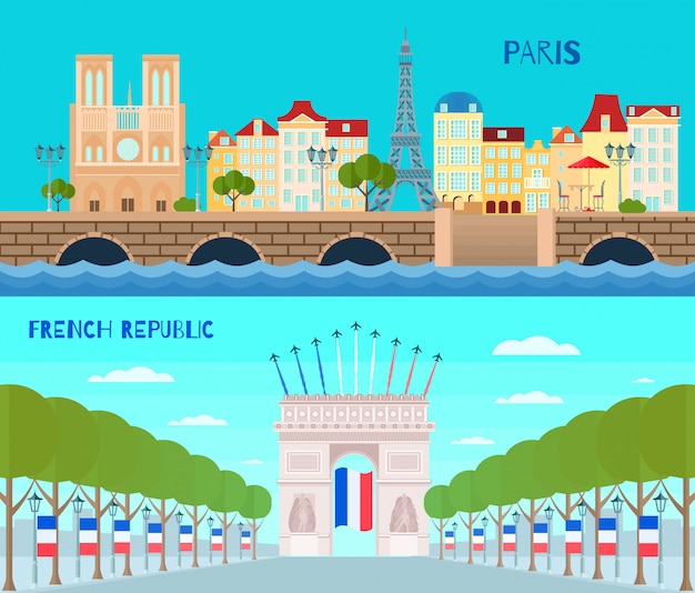 De horizontale die banners van Frankrijk met de Franse geïsoleerde vectorillustratie van de Republiekssymbolen vlak worden geplaatst
